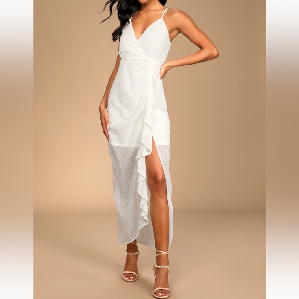 Lulus For Us to Dance White Swiss Dot Ruffled Midi Dress